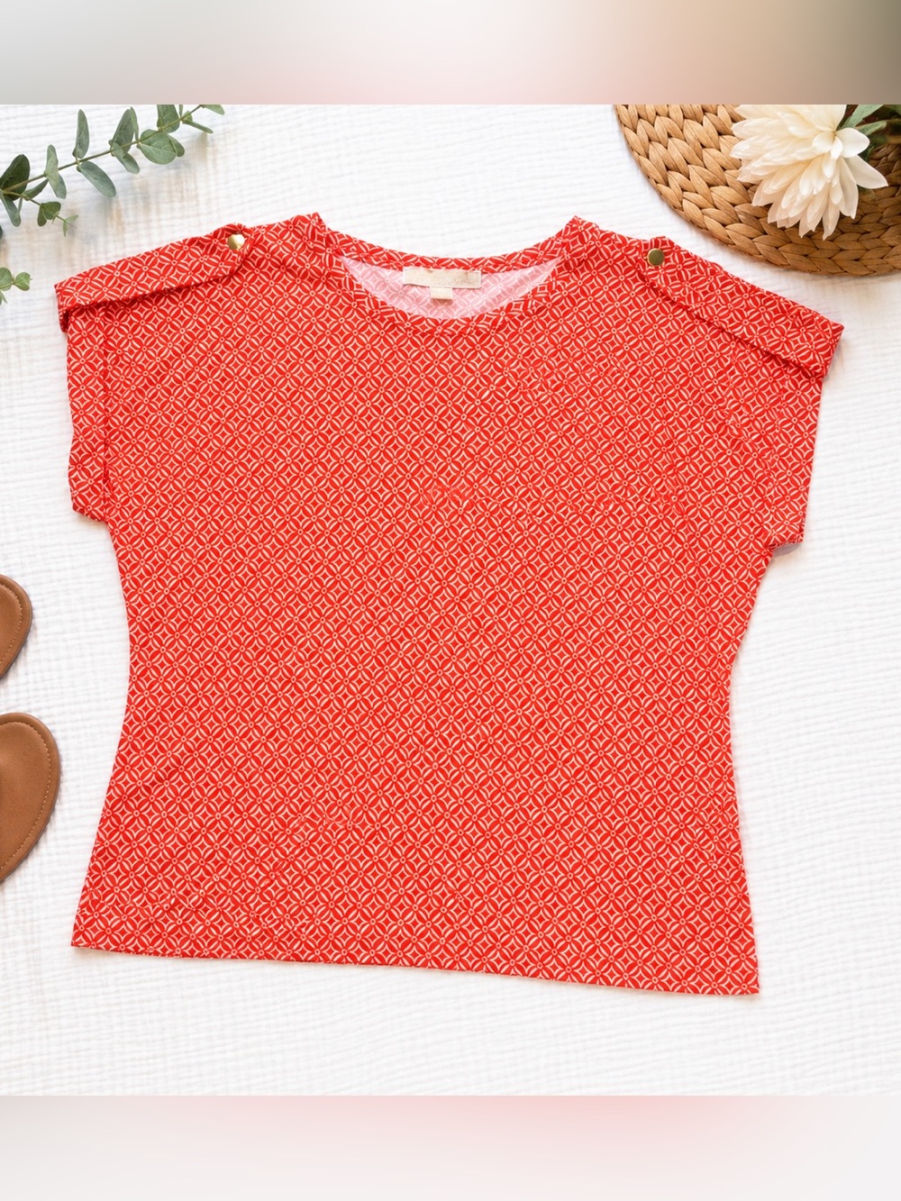 🧡Michael Kors Orange Geometric Print Flutter Sleeve Top Size Large🧡